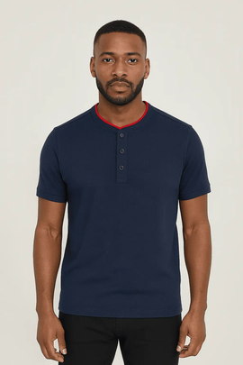 Mandrain Collar Polo Shirt Navy Nawao.com