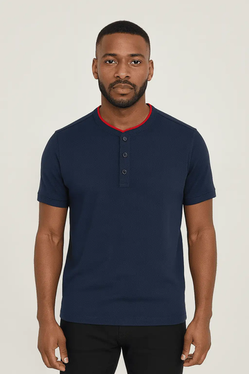 Mandrain Collar Polo Shirt Navy Nawao.com