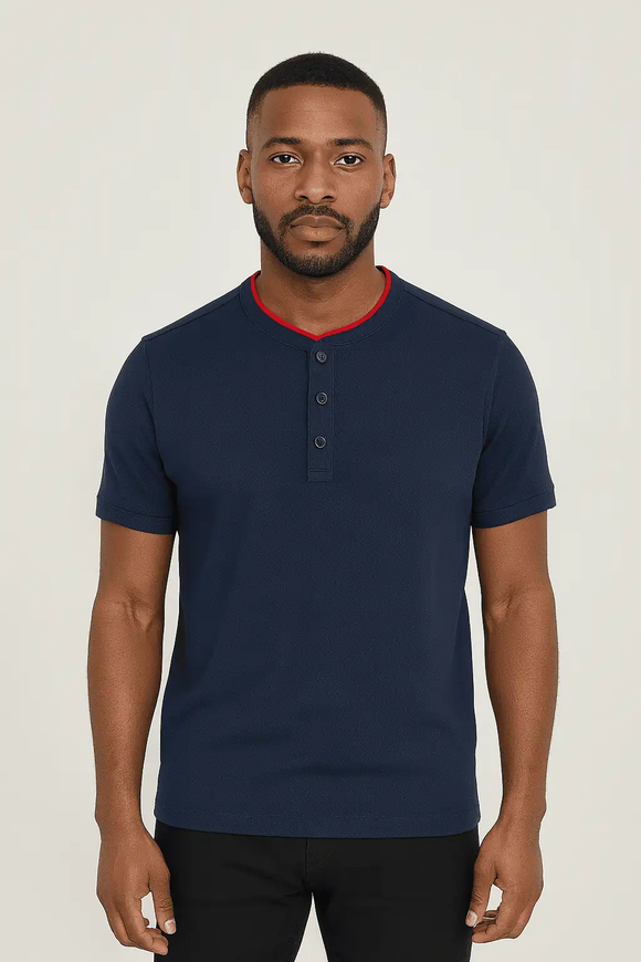 Mandrain Collar Polo Shirt Navy Nawao.com
