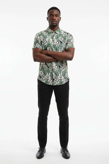 Mens S/Slvs Printed Shirts With Regular Collar Beige Small Nawao.com
