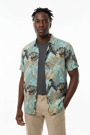 Mens S/Slvs Printed Shirts With Regular Collar Green Small Nawao.com