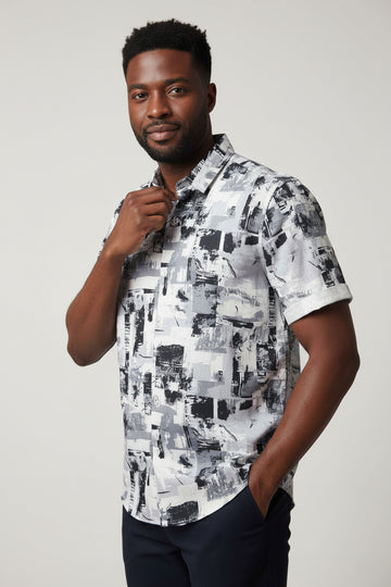 Mens S/Slvs Printed Shirts With Round Neck Collar Black Nawao.com