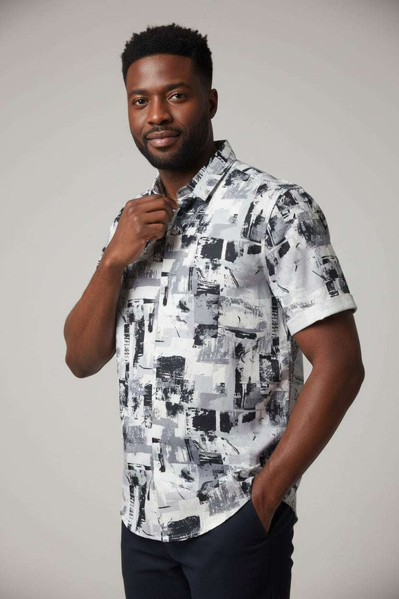 Mens S/Slvs Printed Shirts With Round Neck Collar Black Nawao.com