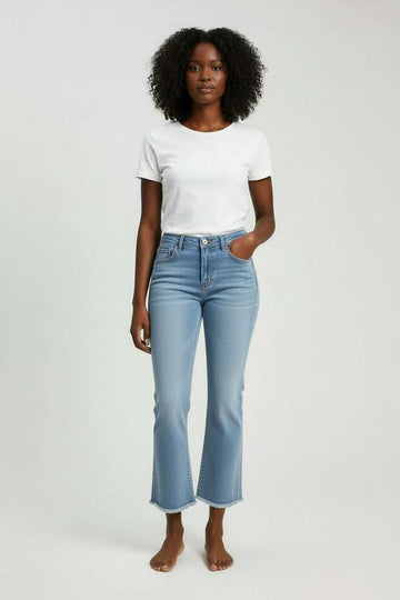 Mid Blue Cropped Flared Jeans Nawao.com