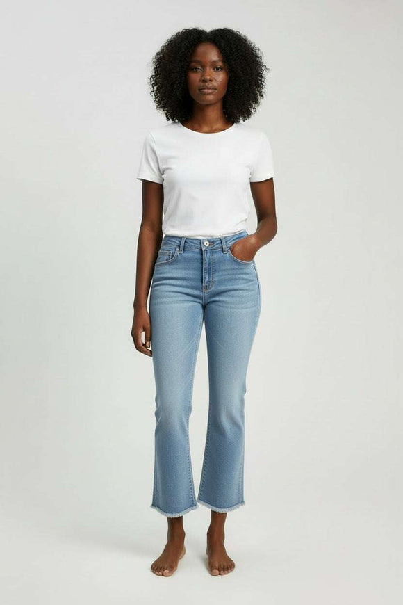 Mid Blue Cropped Flared Jeans Nawao.com