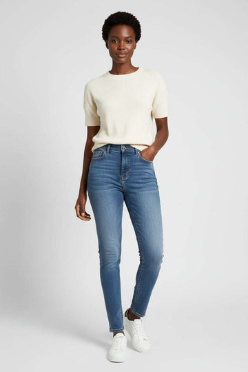 Mid Blue Stretched Mom Jeans Light Wash Nawao.com