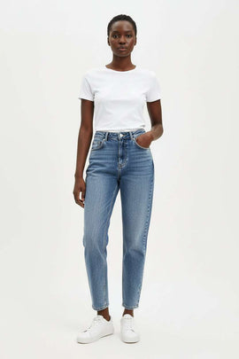 Mid Wash Mom Fit Jeans Blue Nawao.com