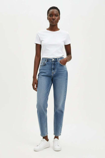 Mid Wash Mom Fit Jeans Blue Nawao.com