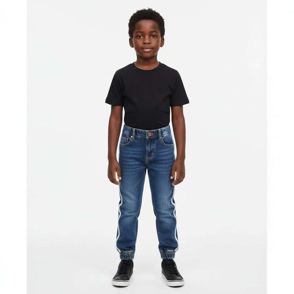 Mid Wash Side Tape Fixed Waistband Jogger Blue Nawao.com