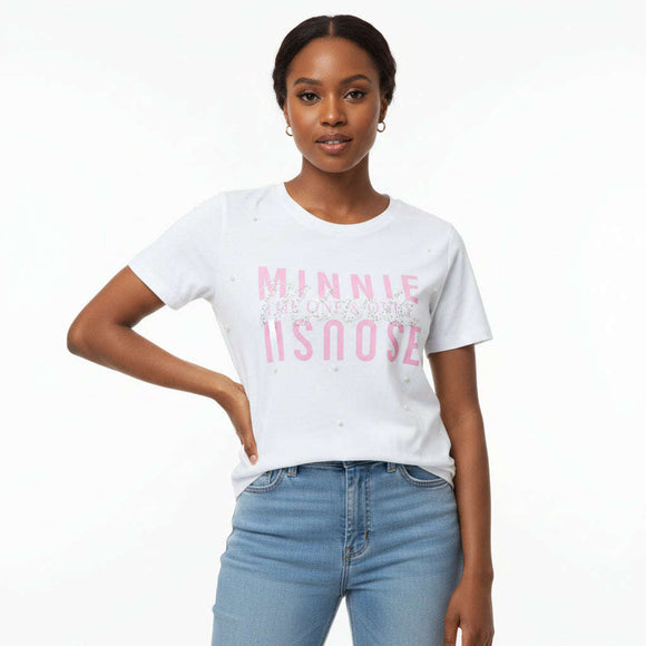 Minnie Emebellished T Shirt White Nawao.com