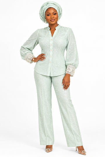 Mint Lurex Blouse With Embelished On Sleeve Mint Nawao.com