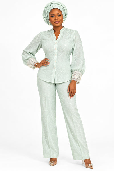 Mint Lurex Blouse With Embelished On Sleeve Mint Nawao.com