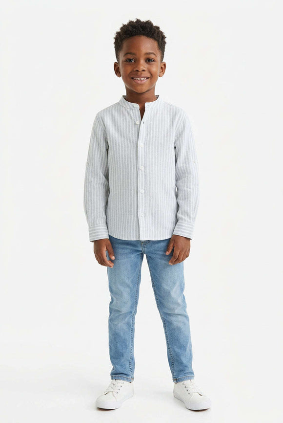 Mint Stripe Mandarin Collar Long Sleeve Shirt Mint Nawao.com