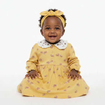 Mustard Bunny Aop With Peter Pan Collar Knit Dress With Headband Mustard Nawao.com