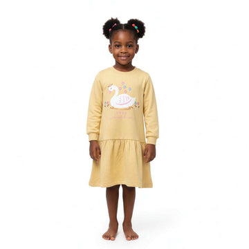 Mustard  Swan Print  Dress With Rib At Sleeve Mustard Nawao.com