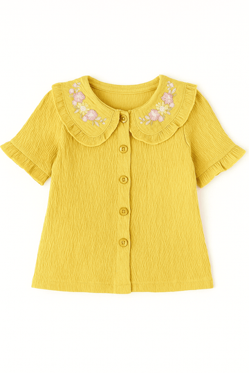 Mustard Woven Blouse With Embroidered Collar Mustard Nawao.com