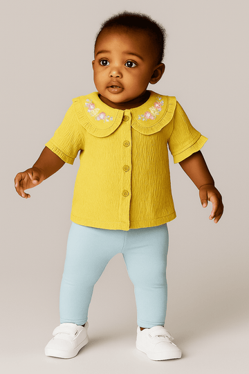 Mustard Woven Blouse With Embroidered Collar Mustard Nawao.com
