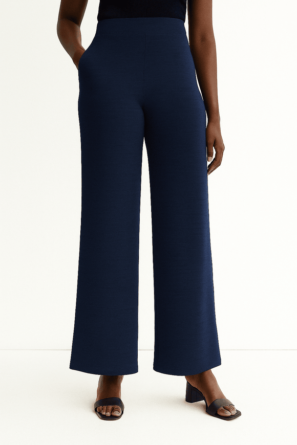Navy Back Elasticated Wide Leg Trousers Nawao.com