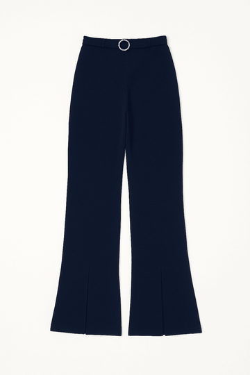 Navy Buckle Detailed Belted Trousers Nawao.com