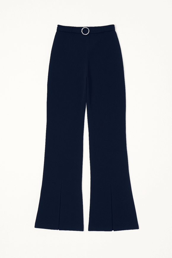 Navy Buckle Detailed Belted Trousers Nawao.com