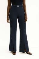 Navy Buckle Detailed Belted Trousers Nawao.com