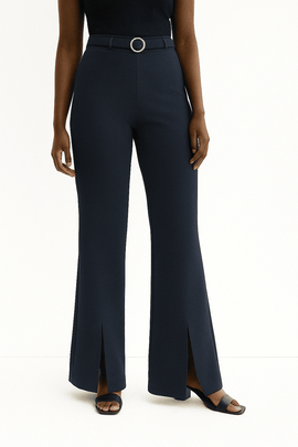 Navy Buckle Detailed Belted Trousers Nawao.com