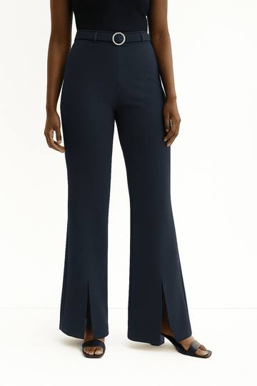 Navy Buckle Detailed Belted Trousers Nawao.com