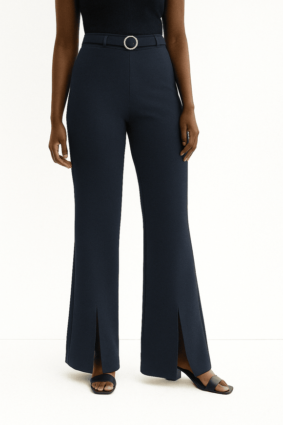 Navy Buckle Detailed Belted Trousers Nawao.com