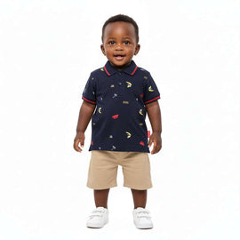 Navy Dino Printed Pique Polo Navy Nawao.com