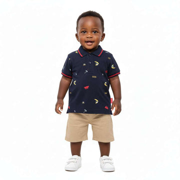 Navy Dino Printed Pique Polo Navy Nawao.com