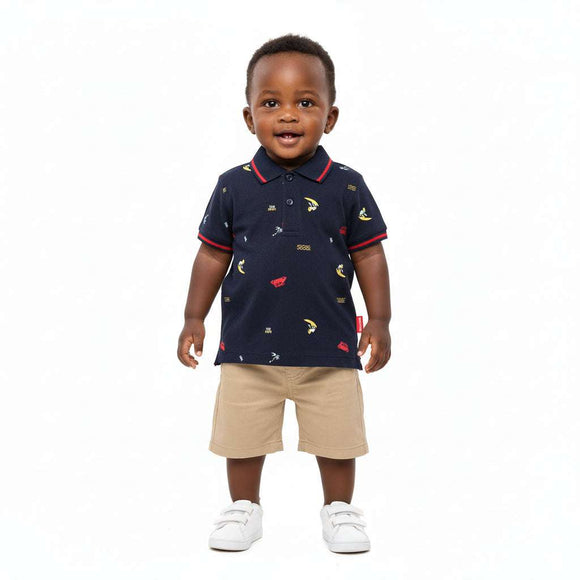 Navy Dino Printed Pique Polo Navy Nawao.com