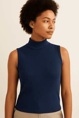 Navy High Neck Rib Tshirt Nawao.com