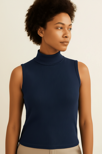 Navy High Neck Rib Tshirt Nawao.com