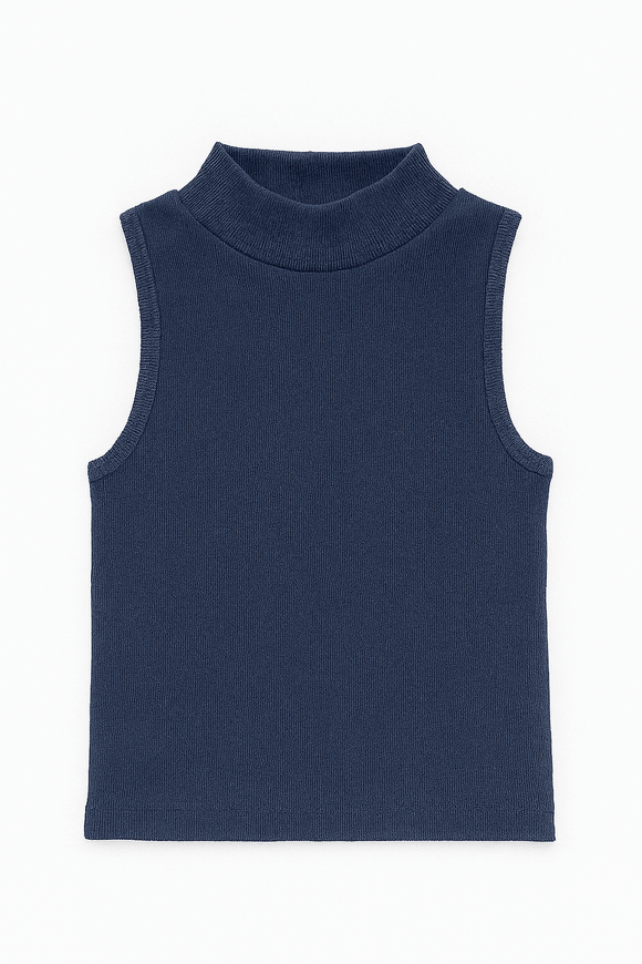 Navy High Neck Rib Tshirt Nawao.com