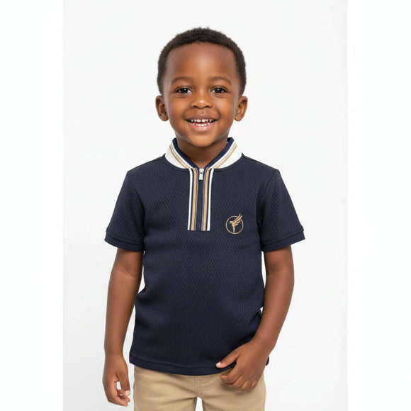 Navy Jacquard Zip Placket Polo Navy Nawao.com