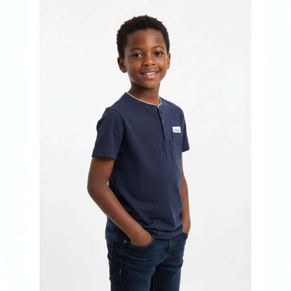 Navy Mandarin Collar Pocket Badge Short Sleeve Polo Navy Nawao.com