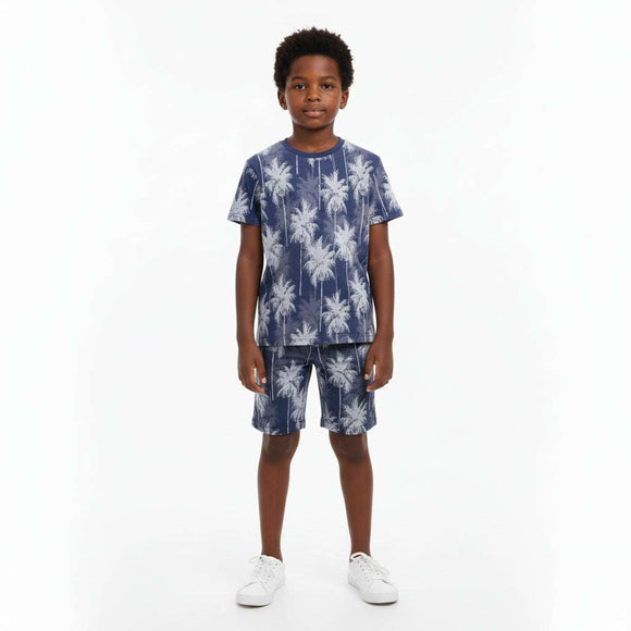 Navy Palm Tree All Over Jacquard T Shirt Navy Nawao.com