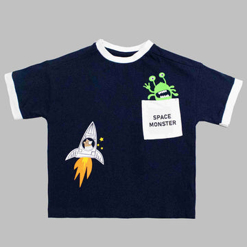 Navy Print Short Sleeve T Shirt Nawao.com