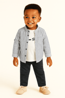 Navy Seersucker Stripe Long Sleeve Mandarin Collar Shirt With T Shirt Navy Nawao.com
