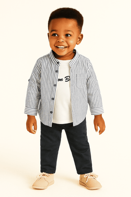 Navy Seersucker Stripe Long Sleeve Mandarin Collar Shirt With T Shirt Navy Nawao.com