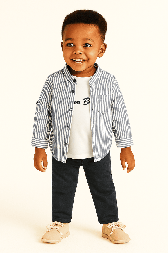 Navy Seersucker Stripe Long Sleeve Mandarin Collar Shirt With T Shirt Navy Nawao.com