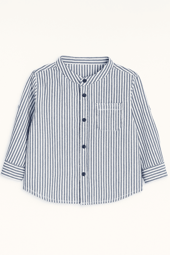 Navy Seersucker Stripe Long Sleeve Mandarin Collar Shirt With T Shirt Navy Nawao.com