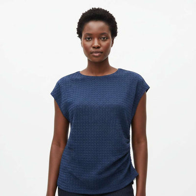 Navy Side Ruching Detail Tetured Knitted Top Navy Nawao.com