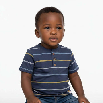 Navy Striped Jacquard Henley Tshirt Navy Nawao.com