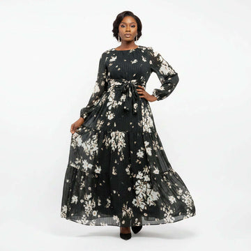 Neck Tie Corsage Lurex Printed Fit   Flare Dress Assorted Nawao.com