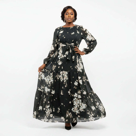Neck Tie Corsage Lurex Printed Fit   Flare Dress Assorted Nawao.com