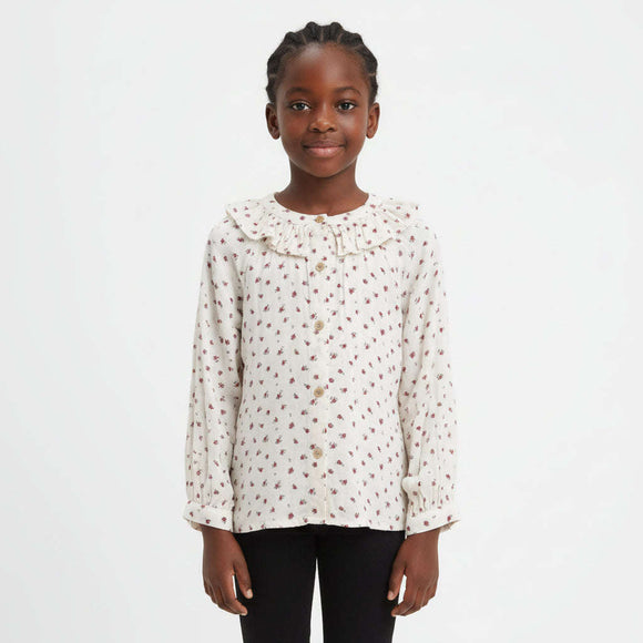Off White Floral Blouse With Frill Neck Nawao.com