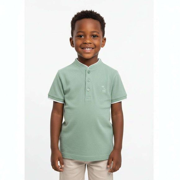 Olive Mandarin Collar Emb Logo Polo Dark Green Nawao.com