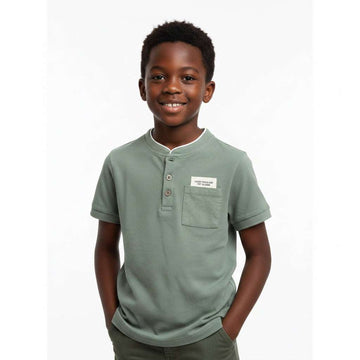 Olive Mandarin Collar Pocket Badge Short Sleeve Polo Dark Green Nawao.com
