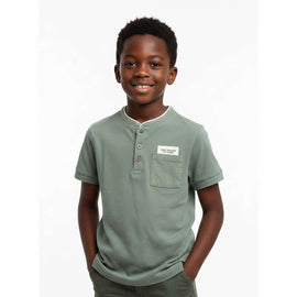 Olive Mandarin Collar Pocket Badge Short Sleeve Polo Dark Green Nawao.com